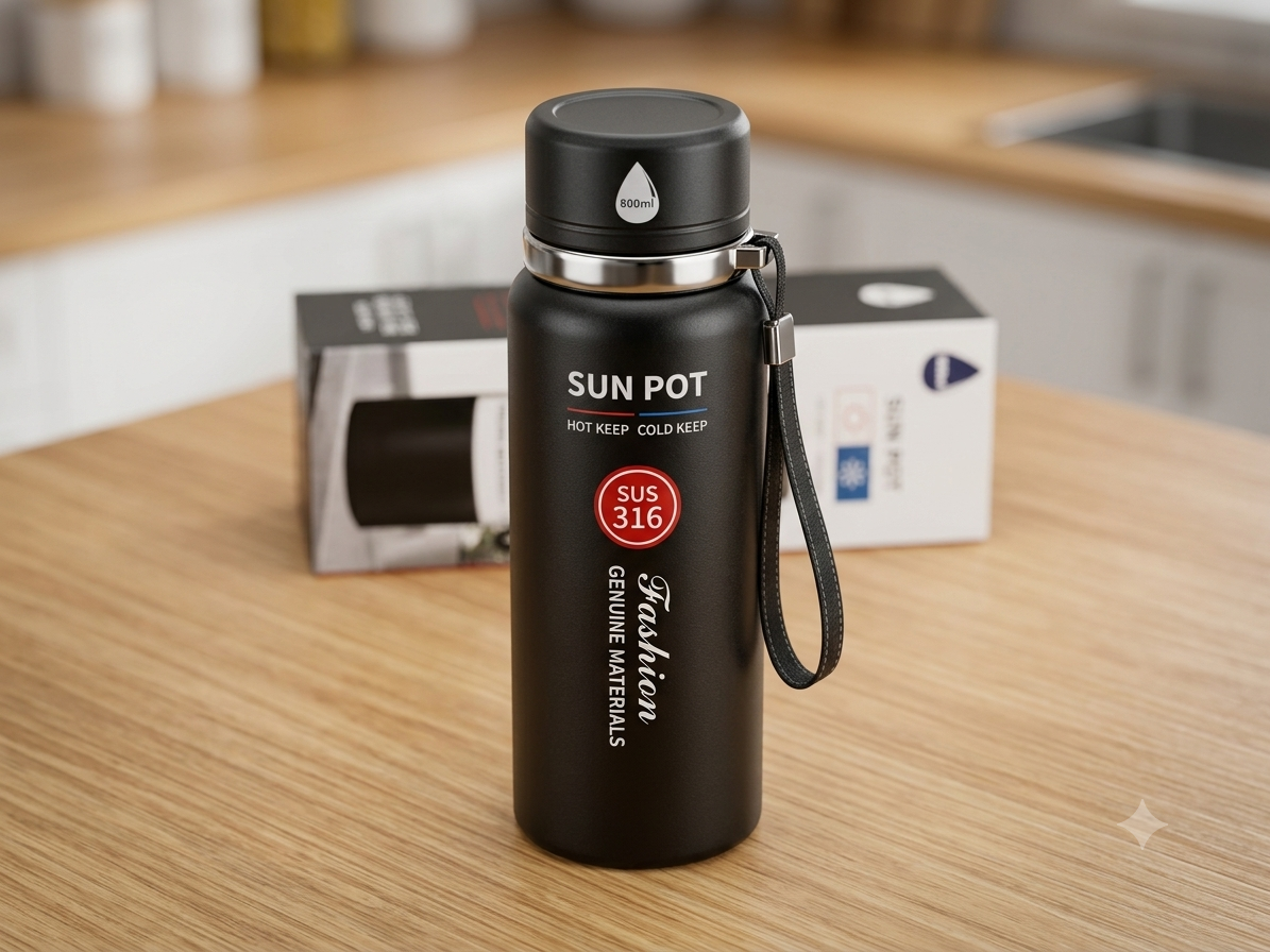 SUN POT 500ML PREMIUM STAINLESS STEEL THERMOS BOTTLE WITH LANYARD