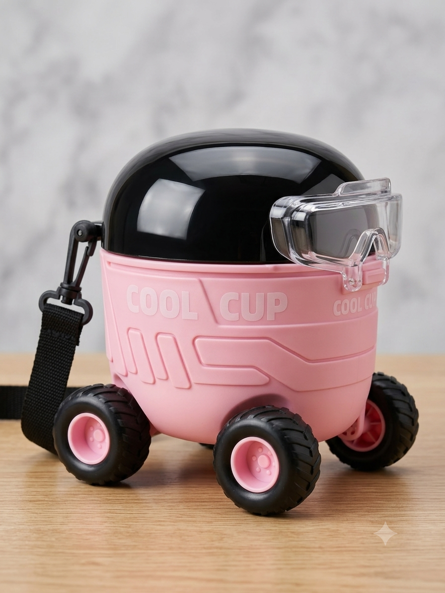 KIDS CAR SHAPED WATER BOTTLE WITH STRAW AND ADJUSTABLE STRAP